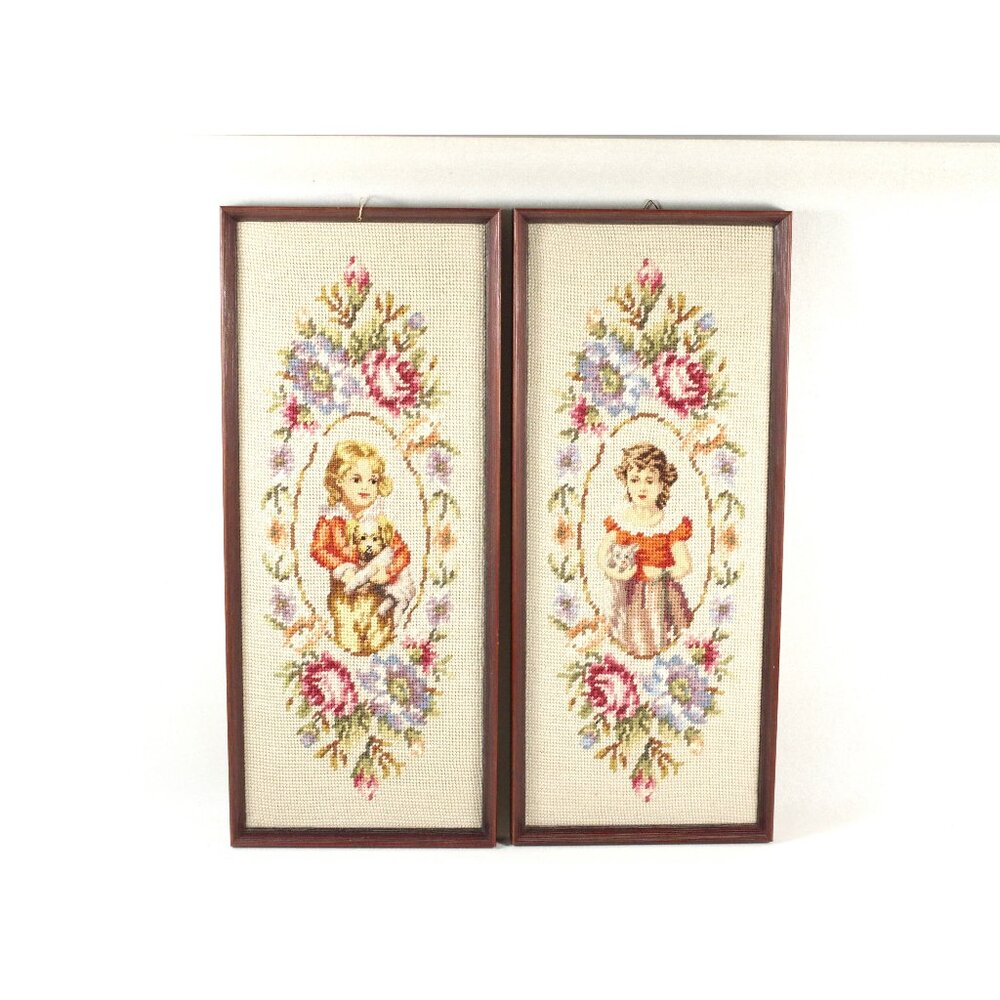Vintage Framed Needlework, Boy with Dog Girl with Cat Fiber Arts Needlepoint
